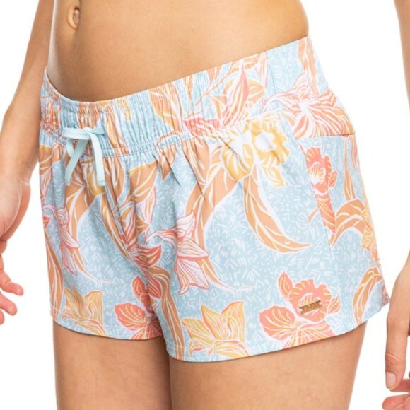 Roxy Island In The Sun Board Shorts Size S Orange Blue Elastic Waist 2" Surf - Picture 1 of 7